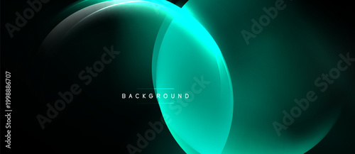 Abstract design features glowing turquoise layers over dark background. Smooth gradients create dynamic visual effect. Minimalist style.
