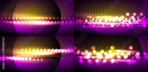 Abstract neon lights, vibrant colors, glowing particles. Dark background creates dynamic visual effect. Modern design elements present.