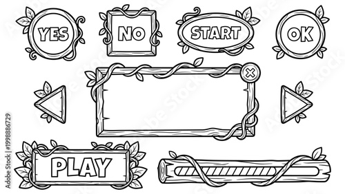 Nature themed game user interface elements for buttons menus and progress bar.