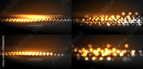 Four dark backgrounds showcase golden light effects. Bokeh, sparkles create festive, warm visual textures. Subtle gradients enhance depth.