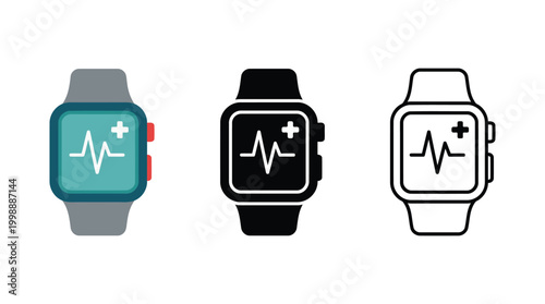 Smartwatch with medical heartbeat icon vector set including flat solid and outline style.