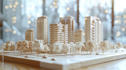 A detailed architectural model of a cityscape, featuring modern high-rise buildings and a row of trees in front.  