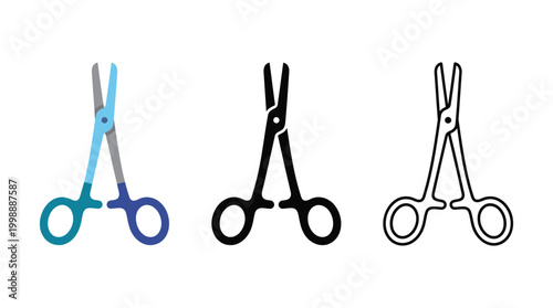 Surgical forceps icon set showing flat color solid black and outline graphic line styles.