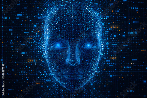 Digital Avatar's Gaze: A mesmerizing digital representation of a human face emerges from a sea of binary code, its eyes aglow with intelligence.