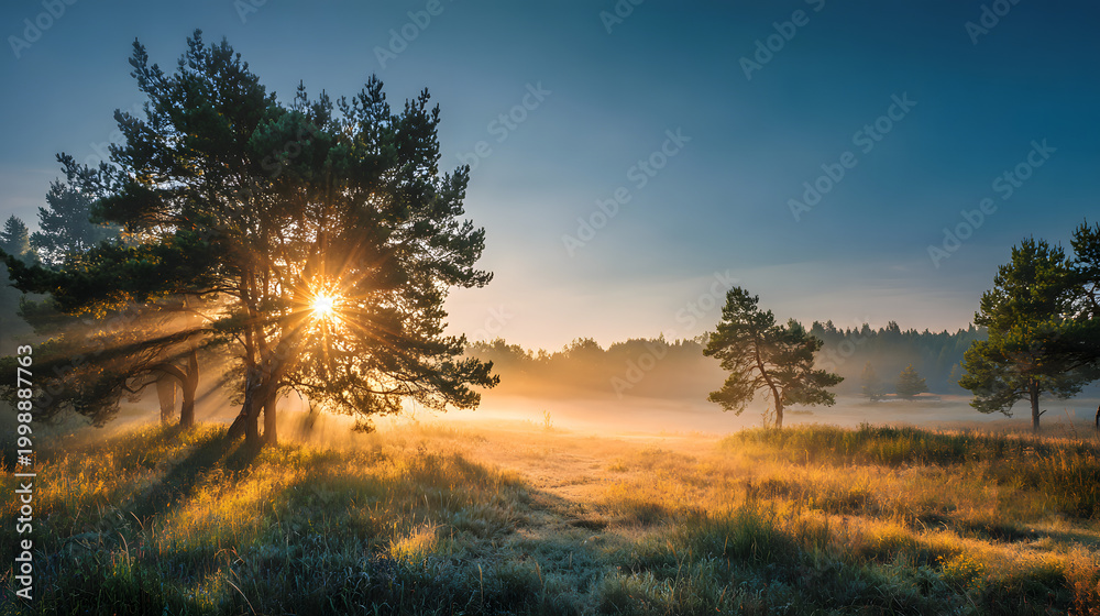 Fototapeta premium Golden sunrise over misty forest meadow with sunlight rays streaming through pine trees.