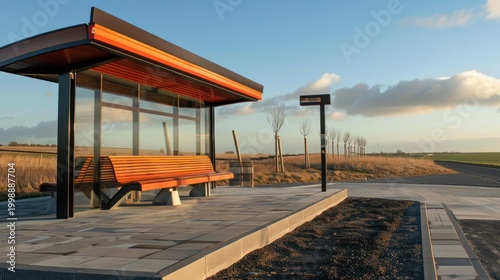 A modern bus stop with an orange bench under a black roof, set against a rural landscape featuring dry fields and a clear sky with scattered clouds.