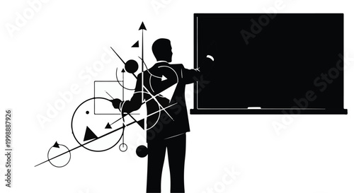 Businessman writes on a blank board while surrounded by complex geometric shapes.