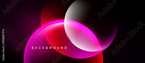 Abstract design features overlapping glowing circles. Vibrant magenta, red hues dominate dark background. Modern, dynamic visual composition.