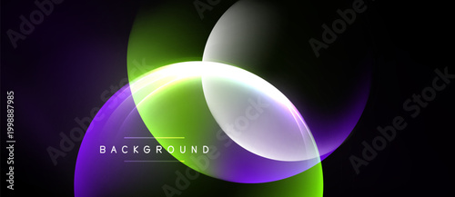 Abstract design features overlapping colorful circles. Gradient shades create luminous effect against dark backdrop. Modern, dynamic composition.