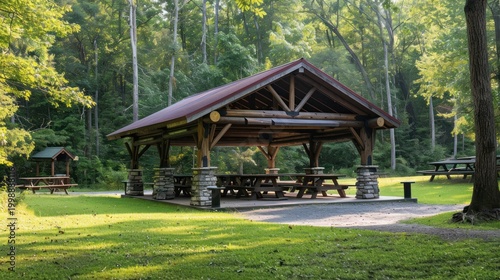 A wooden gazebo nestled within a lush forest, surrounded by vibrant greenery and tall trees.  