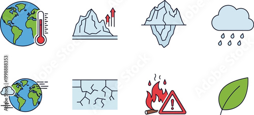 Environmental issues concept with global warming, drought, melting ice, and ecological damage symbols.