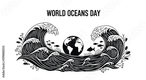 Elegant vector graphic illustration depicting earth planet surrounded by powerful ocean waves for world oceans day