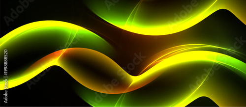 Abstract waves, vibrant colors, flowing lines. Green, yellow, orange hues dominate dark background. Smooth gradients create dynamic visual effect.