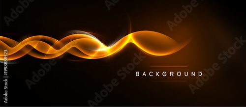 Dynamic orange light streaks flow across dark background. Abstract design evokes energy, movement, modern aesthetic.