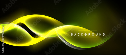 Bright yellow neon light curves flow across dark green background. Text reads BACKGROUND in white letters. Modern abstract design.