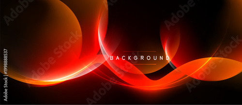Abstract red curves over black background. Dynamic shapes create modern visual effect. Bright glow adds intensity, depth.