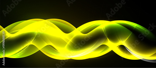 Abstract yellow, green waves over black background. Smooth curves create dynamic visual effect. Brightness contrasts sharply.