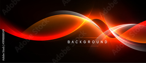 Dynamic abstract waves, vibrant orange hues, dark background. Modern design element, sleek curves, glowing effect. Background text present.