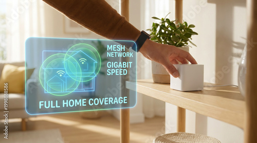 Person setting up mesh wifi router for full home coverage with holographic network display in a modern living room