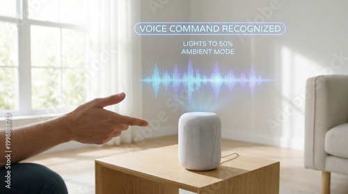 Smart speaker in a modern living room responding to a voice command for home automation control