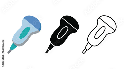 Ultrasound transducer probe vector icons for medical imaging in flat solid line styles.