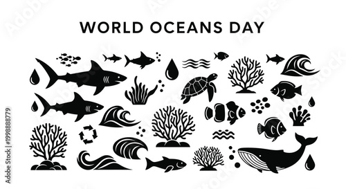 Collection of black vector graphic icons representing world oceans day sea life and marine environment