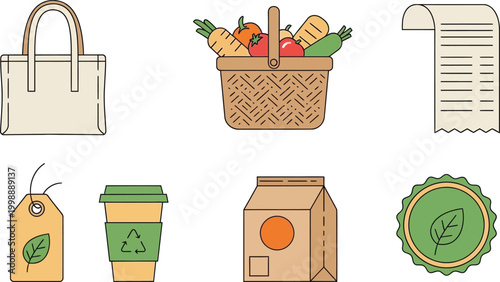 Eco-friendly sustainable shopping items and zero waste lifestyle essentials displayed in flat design.