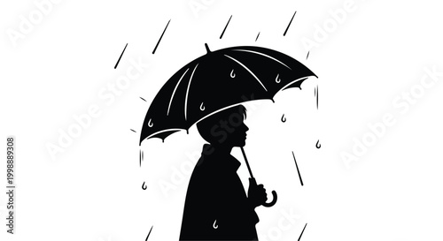 Person stands under an umbrella while heavy rain falls during a gloomy weather day.