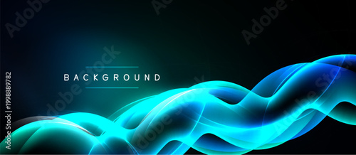 Abstract flowing lines create vibrant wave pattern. Dark background emphasizes bright turquoise energy, modern design element.