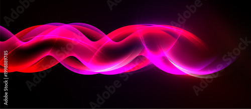 Abstract waves, vibrant pinks, reds against black background. Smooth curves create dynamic visual flow. Light reflects, adds depth.