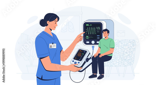 Nurse checking patient's vital signs on monitor, medical equipment, healthcare concept