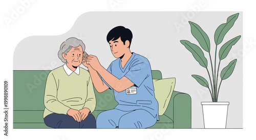 Nurse checks elderly woman's ear for hearing aid or infection in home care setting