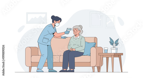 Nurse checks elderly woman's temperature with digital thermometer at home, healthcare concept
