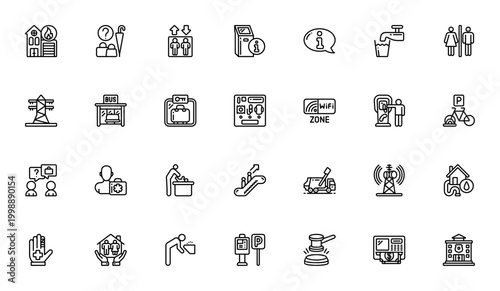 Public services icon set. Vector symbols for fire station, police, ATM, bus stop, parking, toilet, wifi, first aid and more. Minimalist line icons.