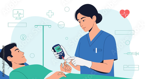 Nurse checks patient's blood sugar level with glucose meter in hospital room