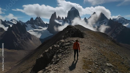 Hiker walking on mountain ridge in Los Glaciares National Park