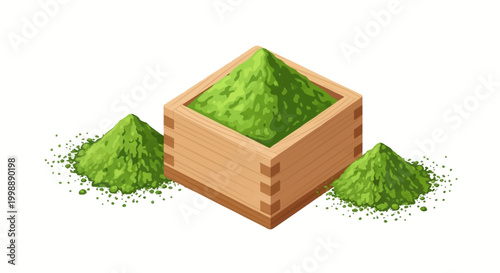Isometric vector illustration of a square wooden masu box filled with vibrant green matcha powder, accompanied by two smaller mounds of ground tea on a plain white background.