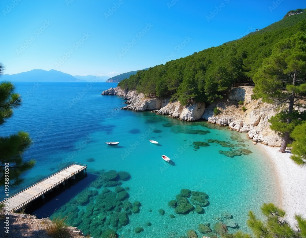 Fototapeta premium Wooden pier extends into crystal clear turquoise water on sunny day. Rocky coast lined with pine trees meets white sand beach. Boats float in calm bay.