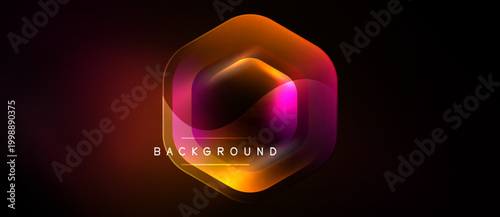 Hexagon shape glows with vibrant orange, pink hues. Dark background emphasizes luminosity, creating modern visual effect.