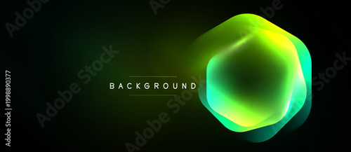 Dark backdrop features vibrant hexagon shape. Gradient colors blend, creating luminous effect. Text reads background. Modern design.