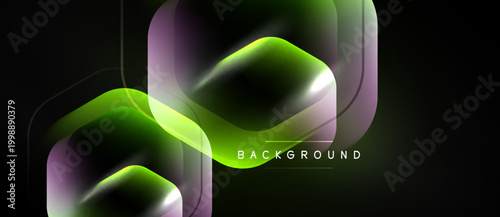 Abstract geometric shapes overlap, creating vibrant green, purple glows. Dark background emphasizes luminous layers, modern design element.