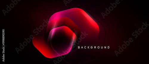 Abstract red hexagon layers over dark background. Gradient lighting creates glowing effect, modern design element.