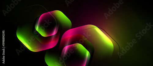 Abstract hexagons overlap, vibrant gradients shift from green to magenta. Dark background emphasizes luminous shapes, creating dynamic visual effect.