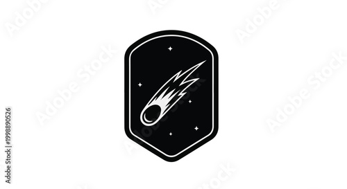 Comet inside a shield emblem symbolizes cosmic discovery and protective exploration.