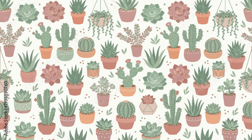 Seamless vector pattern with cute succulents and cacti in decorative pots on mint green background