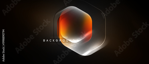 Abstract hexagon design. Orange, red gradients shine against dark background. Modern, sleek presentation. Minimalist style.