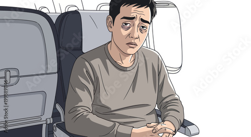 Tired Man with Dark Circles Under Eyes Sitting in Airplane Seat
