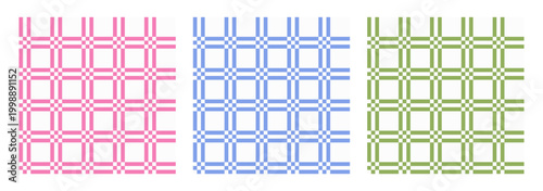 Set gingham seamless patterns. Picnic kitchen tablecloth texture. Geometric grid minimal print. Blue, pink and green colors. Vector illustration