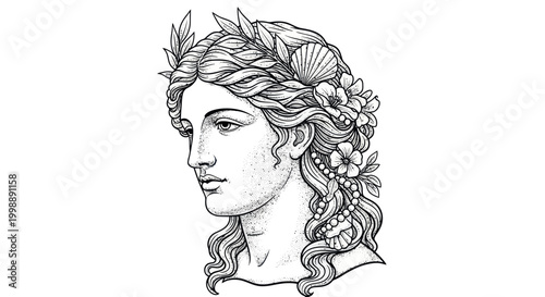 Ancient Greek Goddess Head Profile, Laurel Wreath, Flowers and Seashells