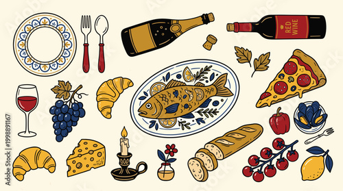 Mediterranean food themed elements set, hand drawn style, gourmet dishes, vintage wine, crusty bread, savory cheese, and fresh produce